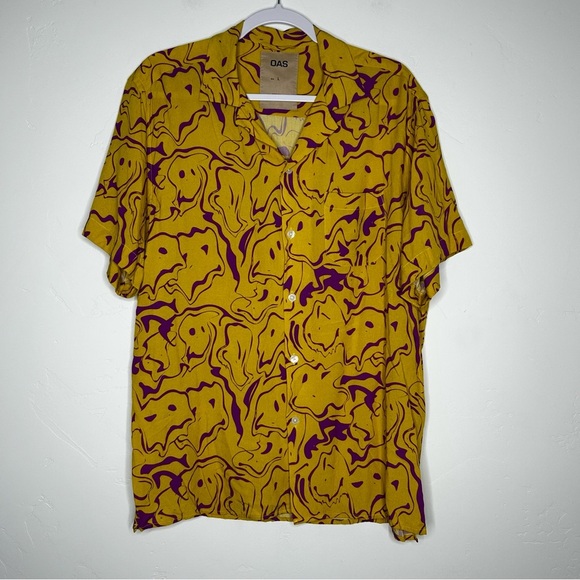OAS Viscose Button Up Shirt Ochre Purple Smiley Face Men's Shirt Size Large - Picture 1 of 10